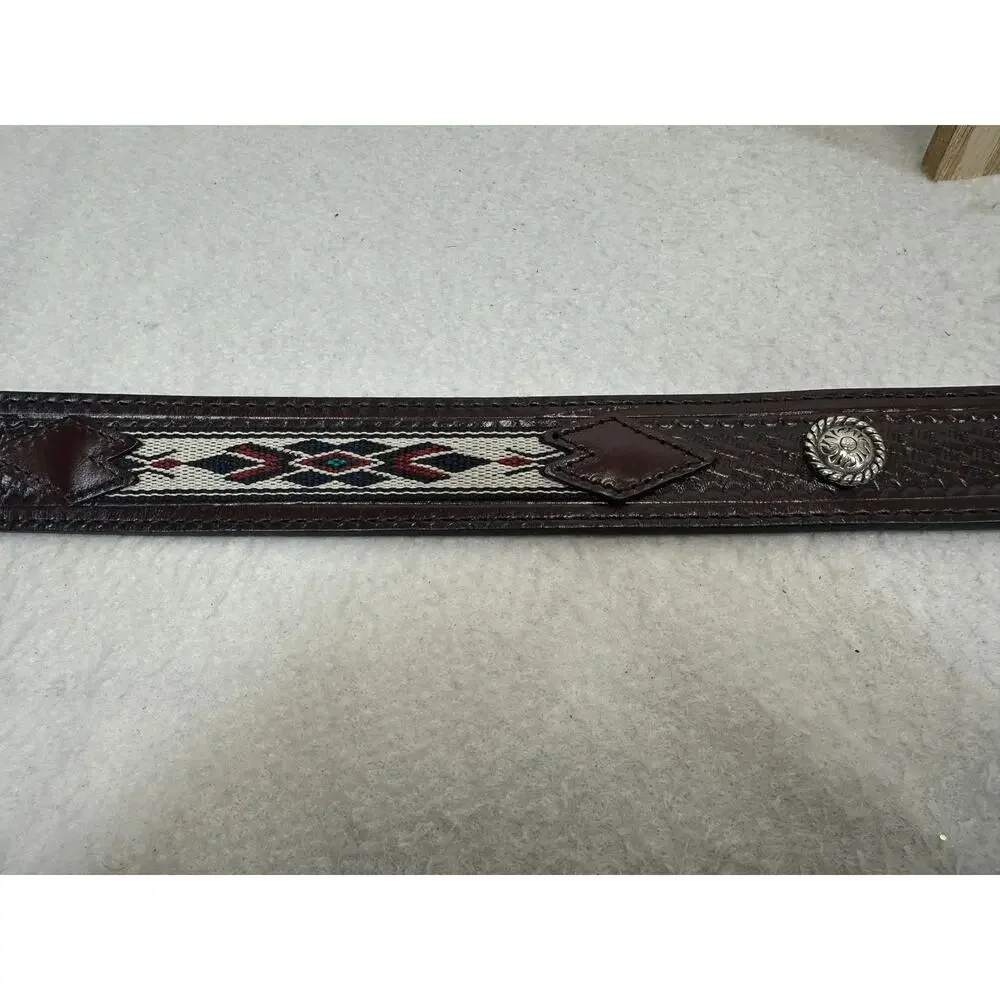Western Brown Leather Belt Tooled Basketweave Embroidered Keeps & Conchos SZ 42